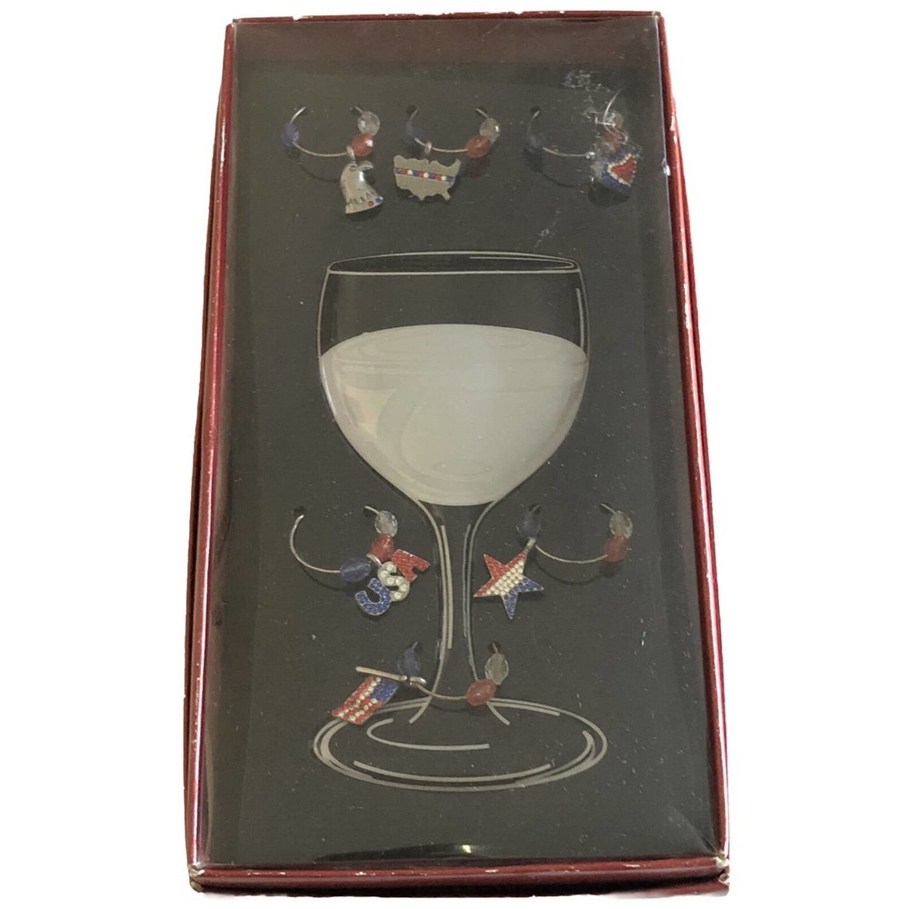NIB Wine Markers Identifier UNIQUE USA Patriotic Stem Glass Charms Set of 6